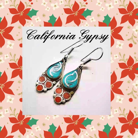 Silver Tibetan Coral Turquoise Earrings - Picture 3 of 3